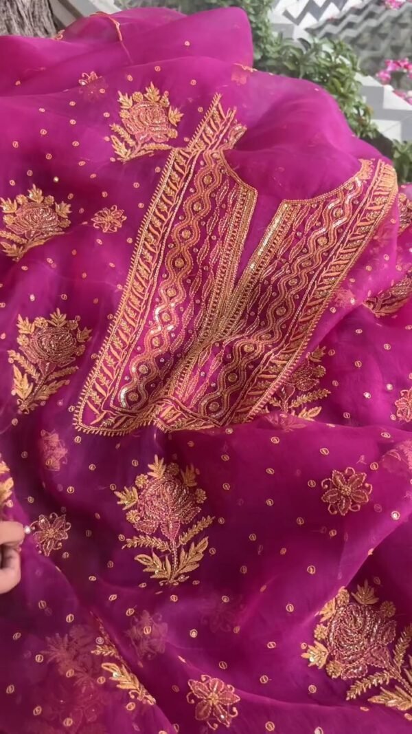 Magenta Noor Organza Silk Chikankari Unstitched Kurta Dupatta Set