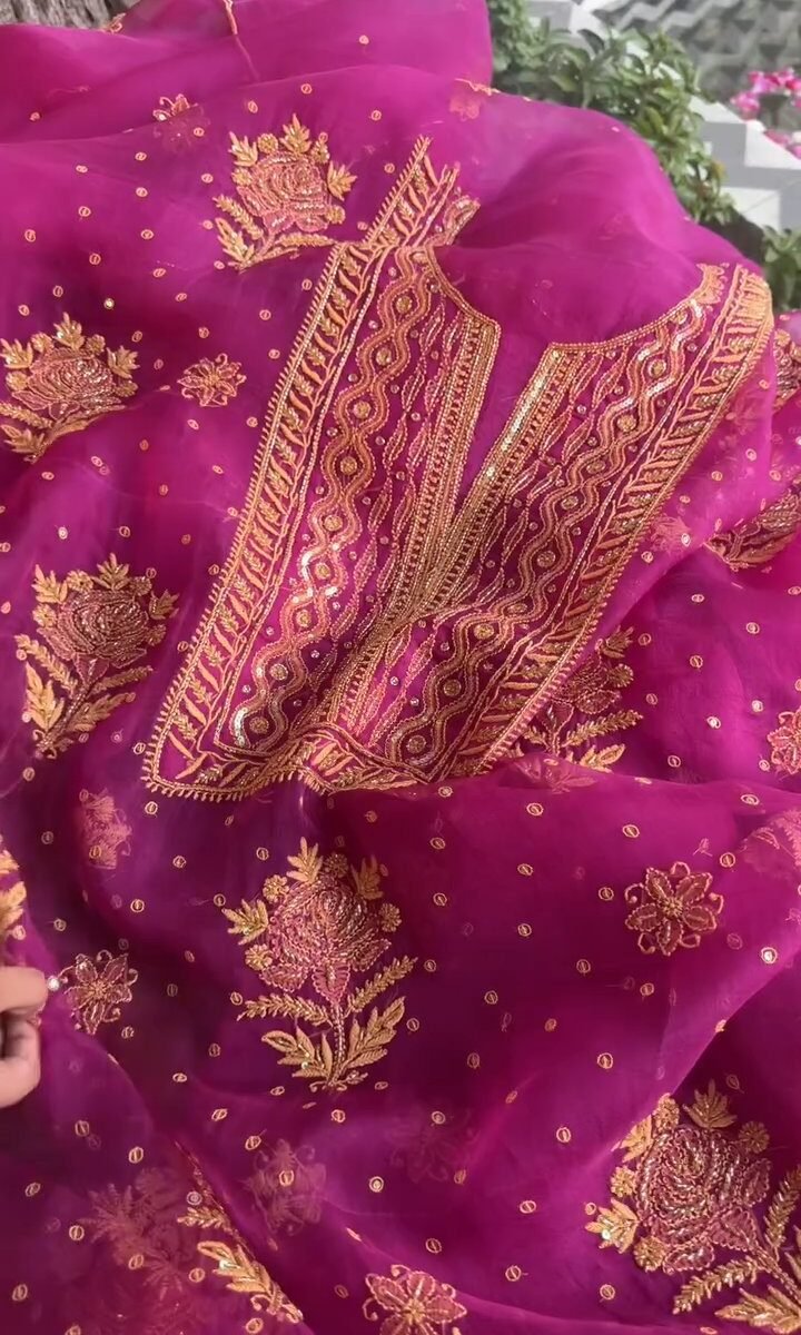 Magenta Noor Organza Silk Chikankari Unstitched Kurta Dupatta Set