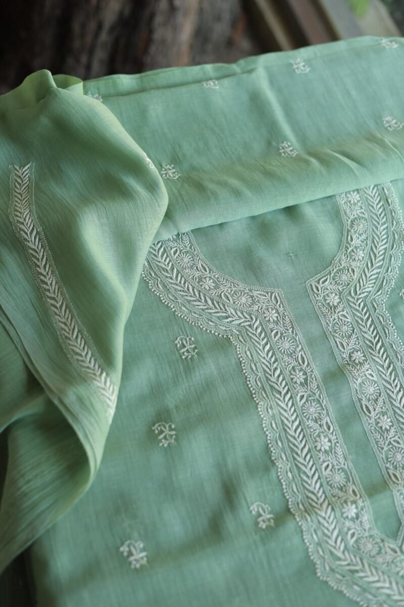 Green Malmal Chikankari Unstitched Men's Kurtas Fabrics