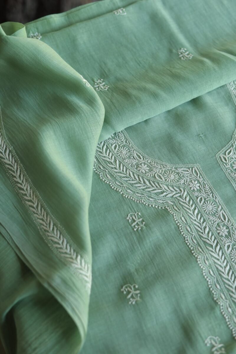 Green Malmal Chikankari Unstitched Men's Kurtas Fabrics