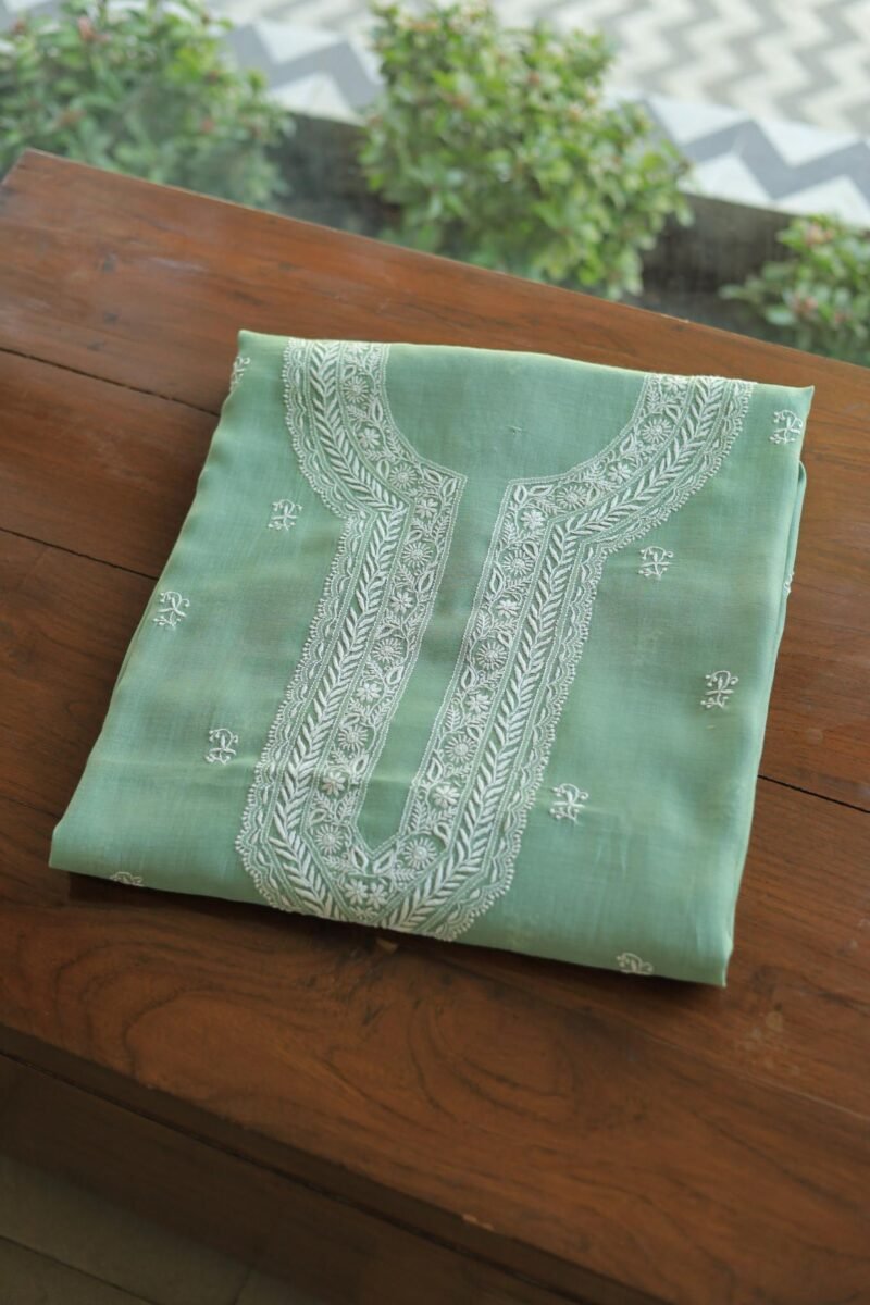 Green Malmal Chikankari Unstitched Men's Kurtas Fabrics