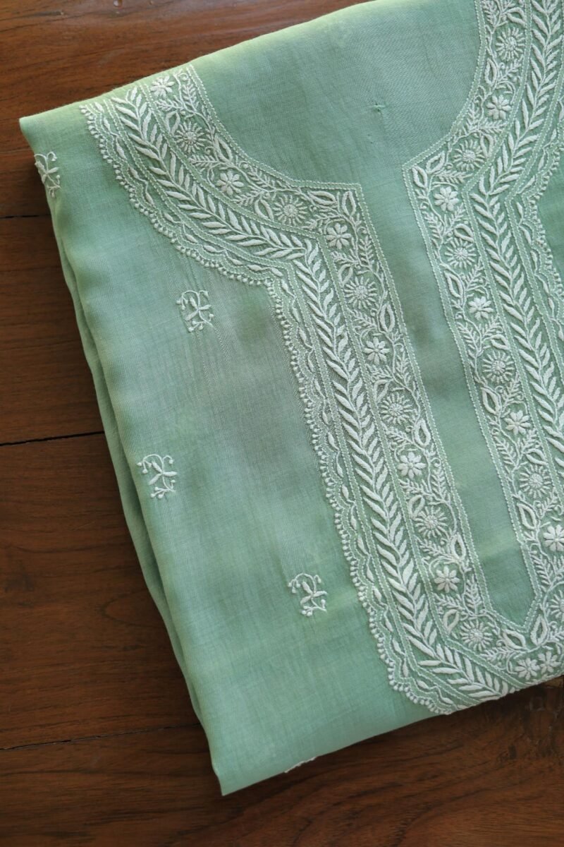 Green Malmal Chikankari Unstitched Men's Kurtas Fabrics