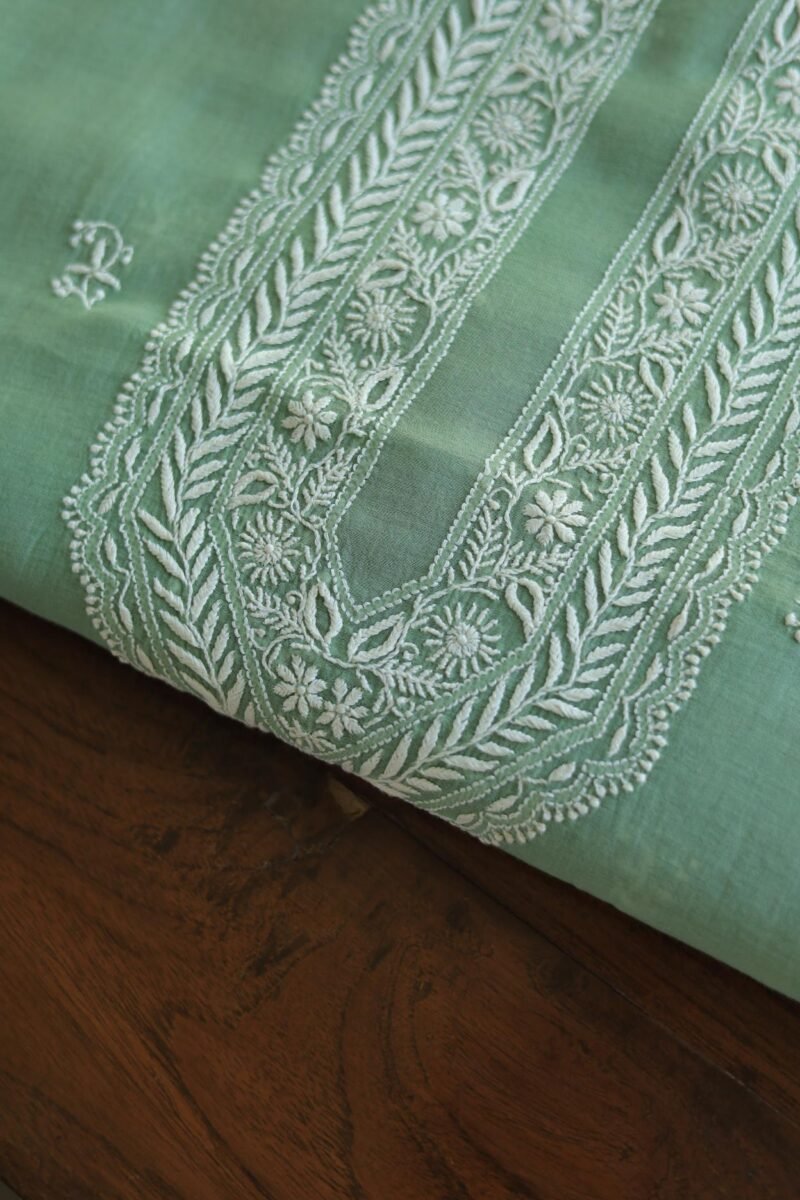 Green Malmal Chikankari Unstitched Men's Kurtas Fabrics