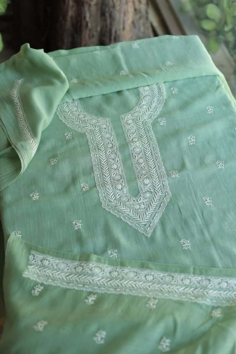 Green Malmal Chikankari Unstitched Men's Kurtas Fabrics