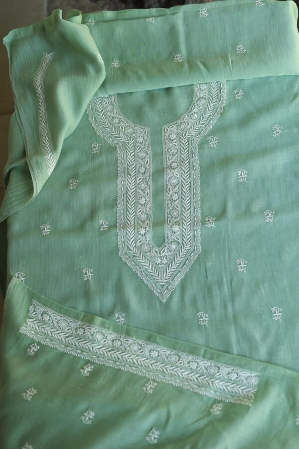 Green Malmal Chikankari Unstitched Men's Kurtas Fabrics - Image 8