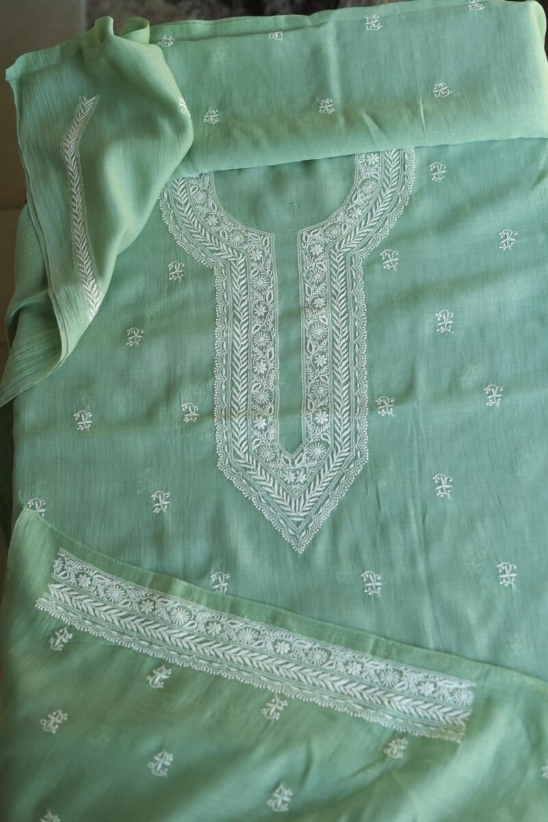 Green Malmal Chikankari Unstitched Men's Kurtas Fabrics
