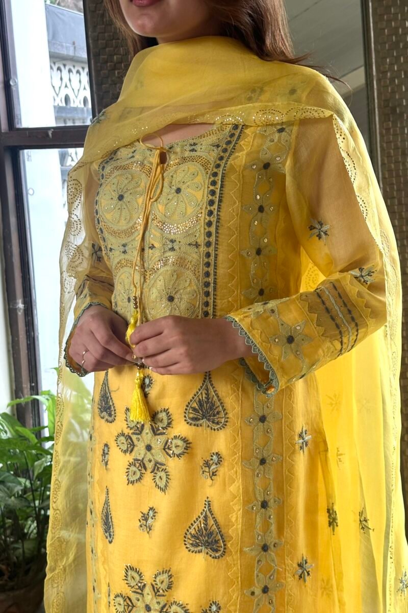 Mango Yellow Noor Organza Silk Chikankari Kurta Dupatta Set With Mukaish Kamdani