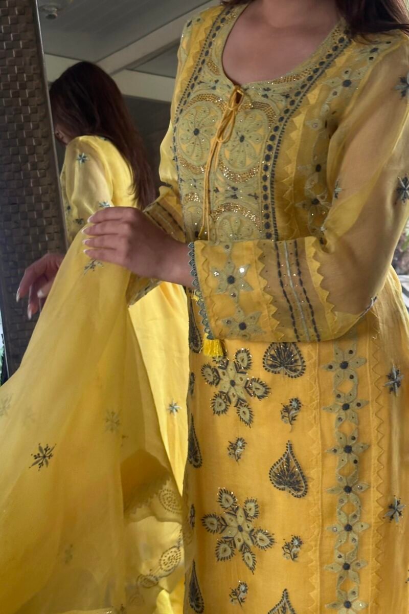 Mango Yellow Noor Organza Silk Chikankari Kurta Dupatta Set With Mukaish Kamdani