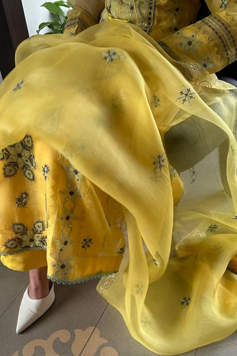 Mango Yellow Noor Organza Silk Chikankari Kurta Dupatta Set With Mukaish Kamdani