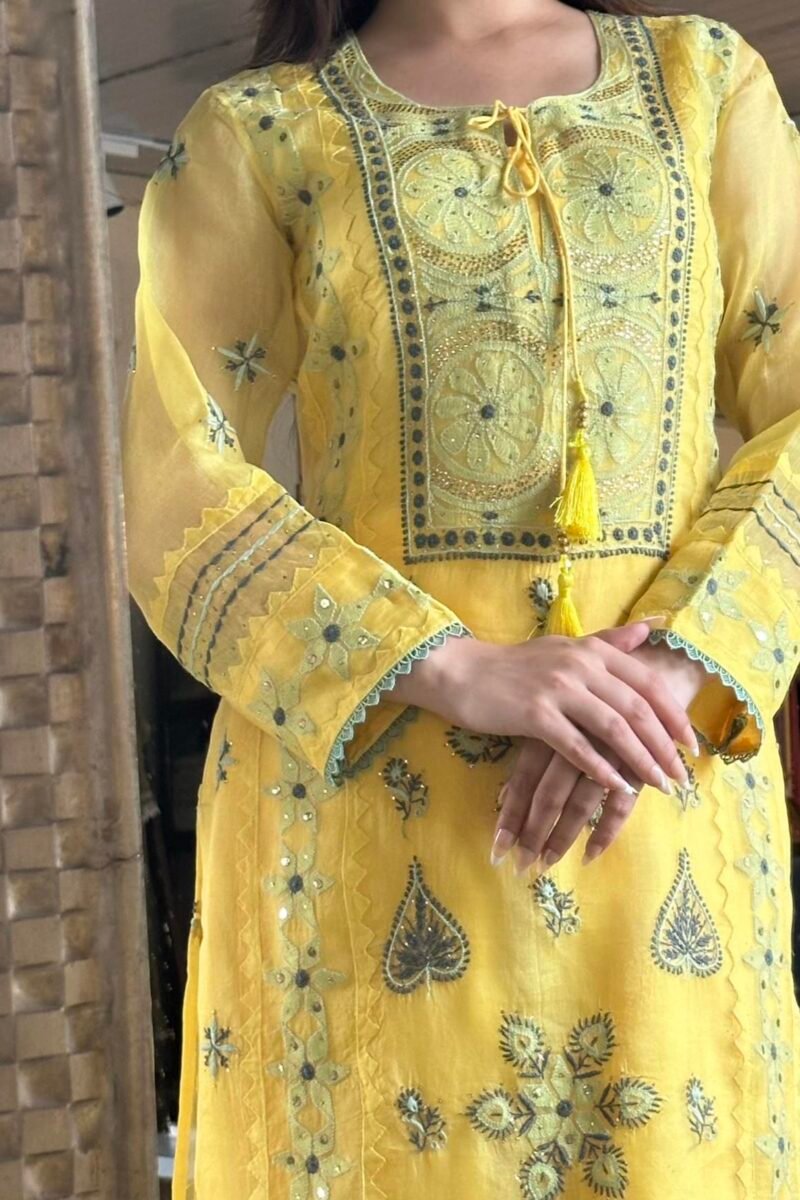 Mango Yellow Noor Organza Silk Chikankari Kurta Dupatta Set With Mukaish Kamdani