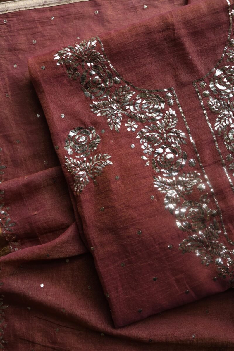 Maroon Roheen Tissue Silk Mukaish Badla Fabric