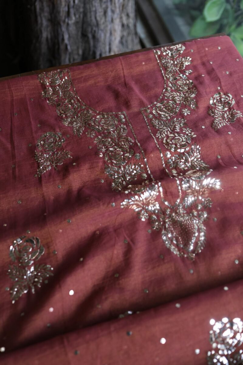 Maroon Roheen Tissue Silk Mukaish Badla Fabric