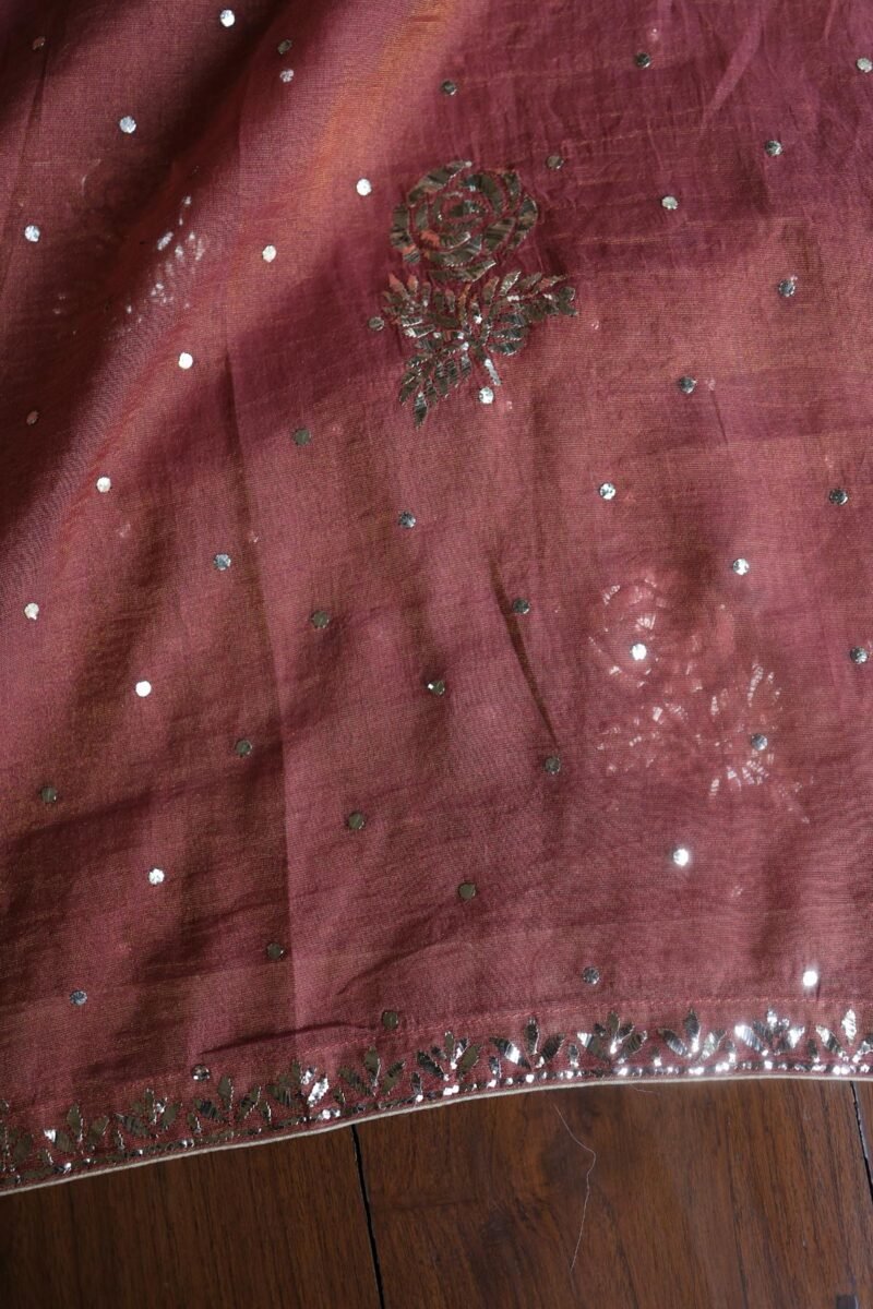 Maroon Roheen Tissue Silk Mukaish Badla Fabric