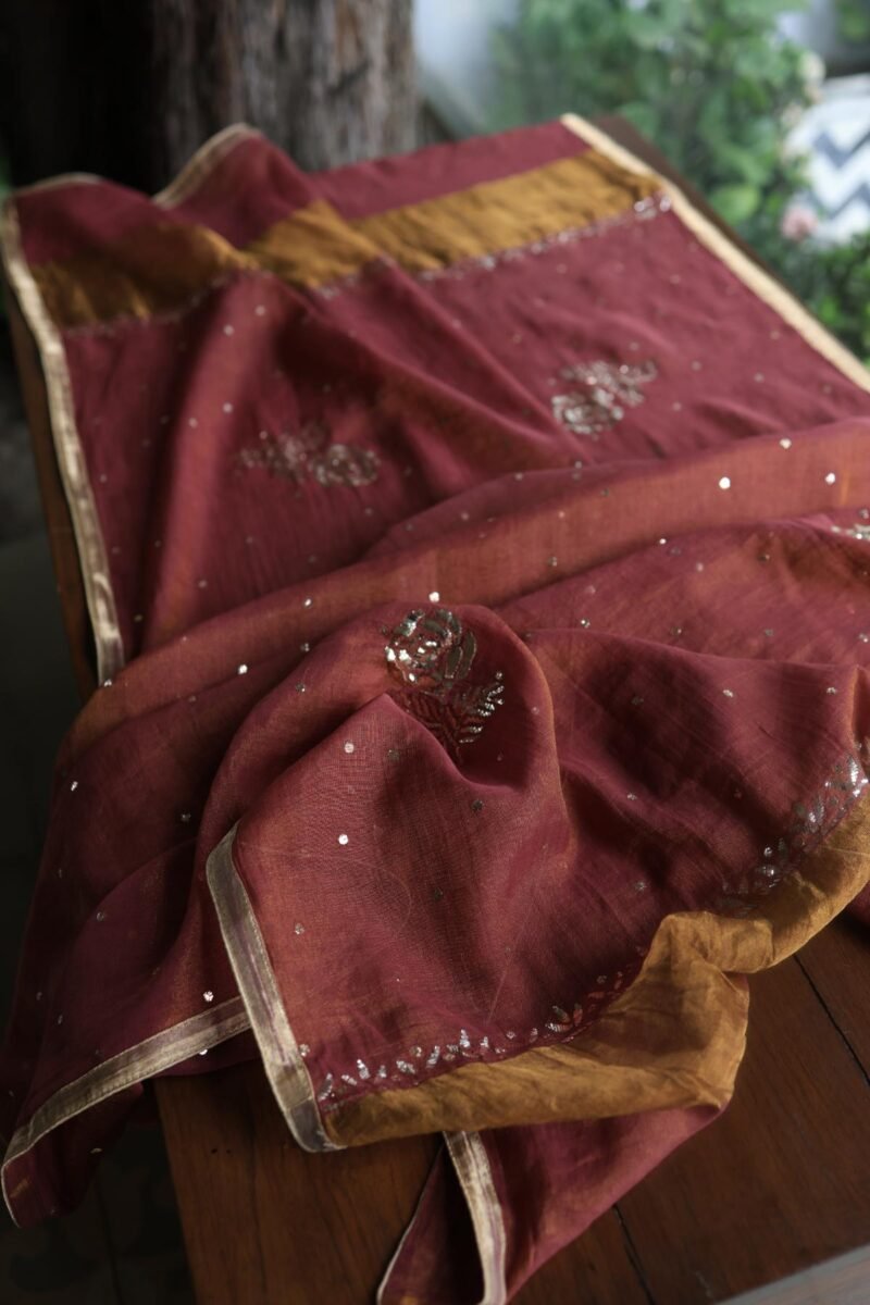 Maroon Roheen Tissue Silk Mukaish Badla Fabric
