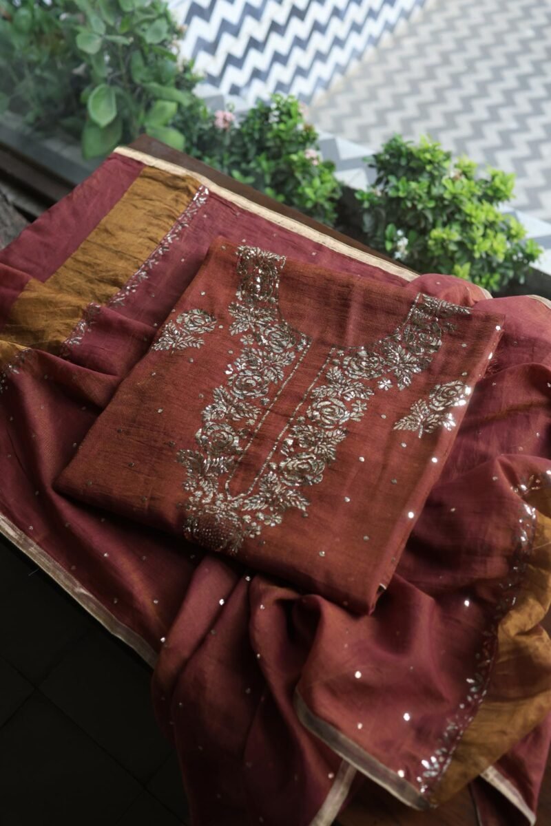 Maroon Roheen Tissue Silk Mukaish Badla Fabric