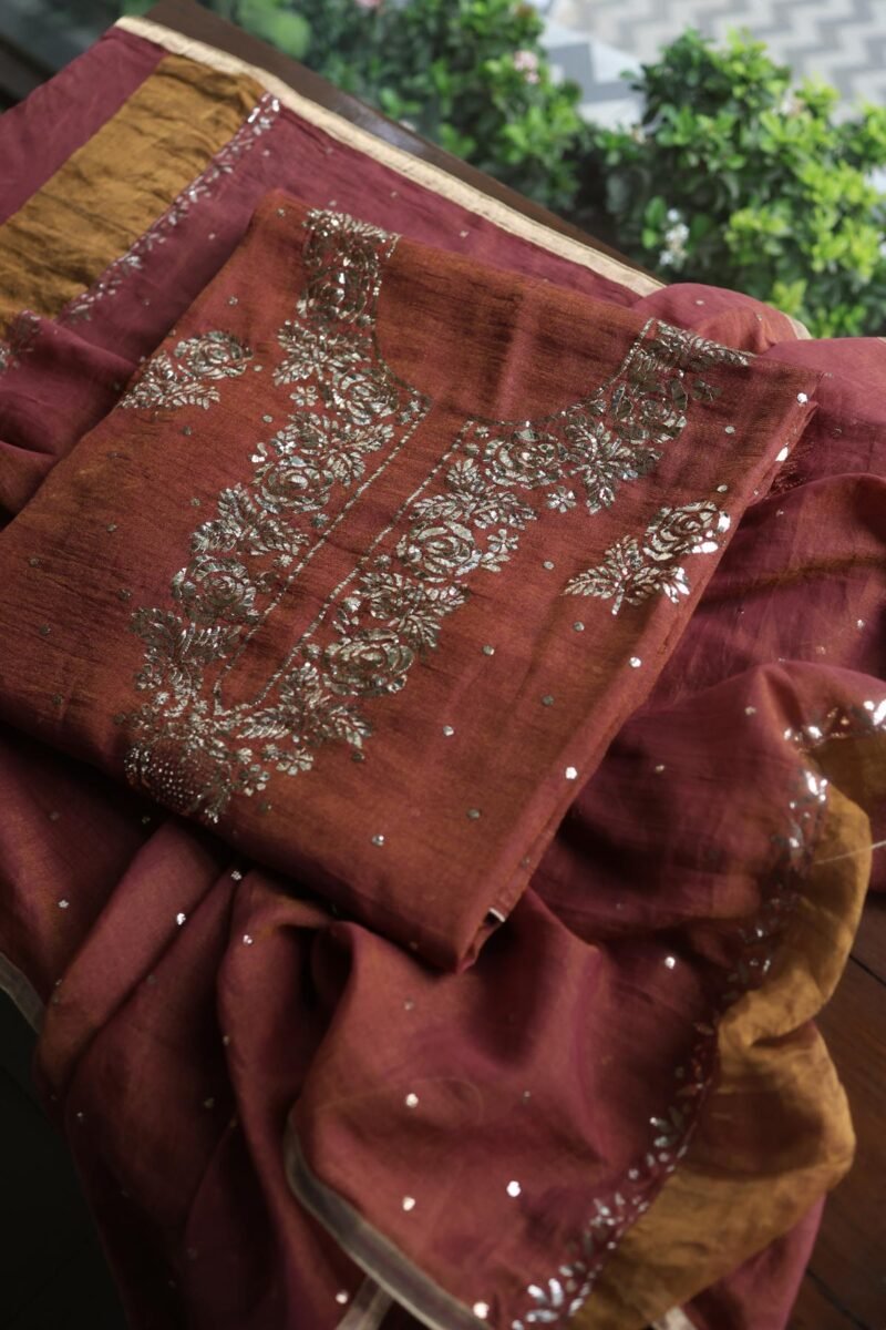 Maroon Roheen Tissue Silk Mukaish Badla Fabric