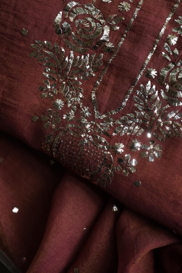 Maroon Roheen Tissue Silk Mukaish Badla Fabric - Image 5