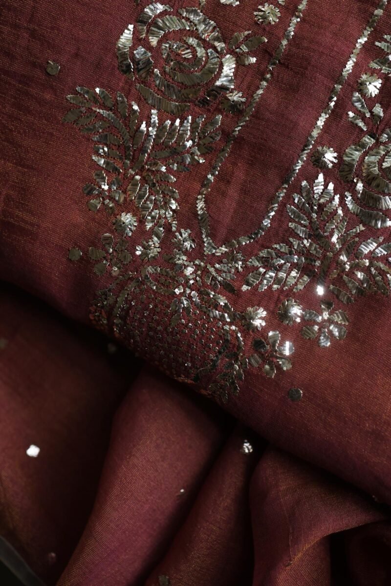 Maroon Roheen Tissue Silk Mukaish Badla Fabric