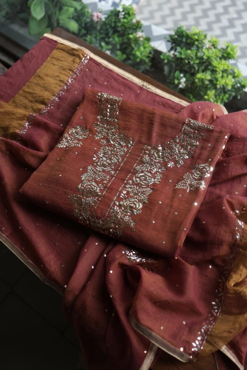Maroon Roheen Tissue Silk Mukaish Badla Fabric