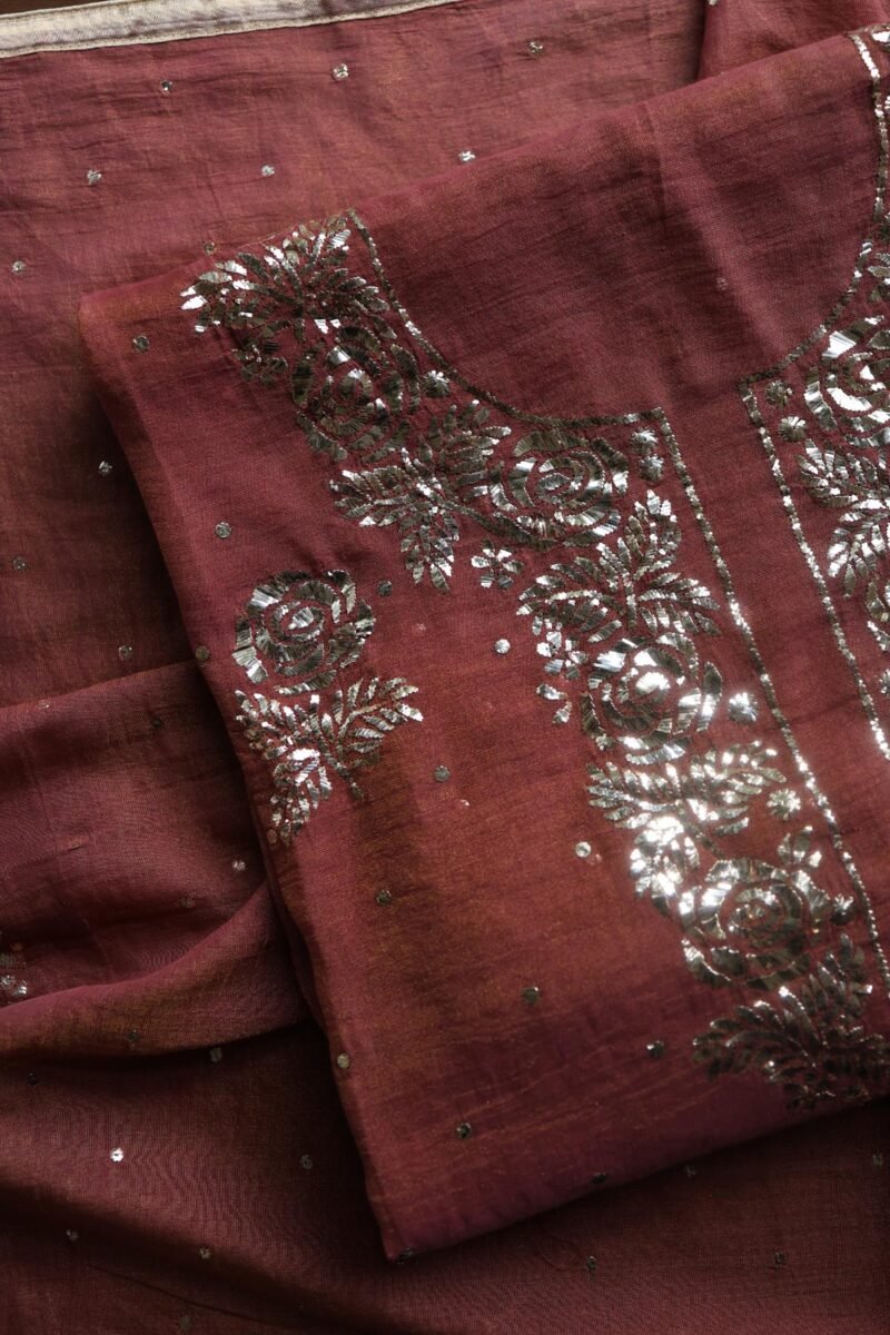 Maroon Roheen Tissue Silk Mukaish Badla Fabric