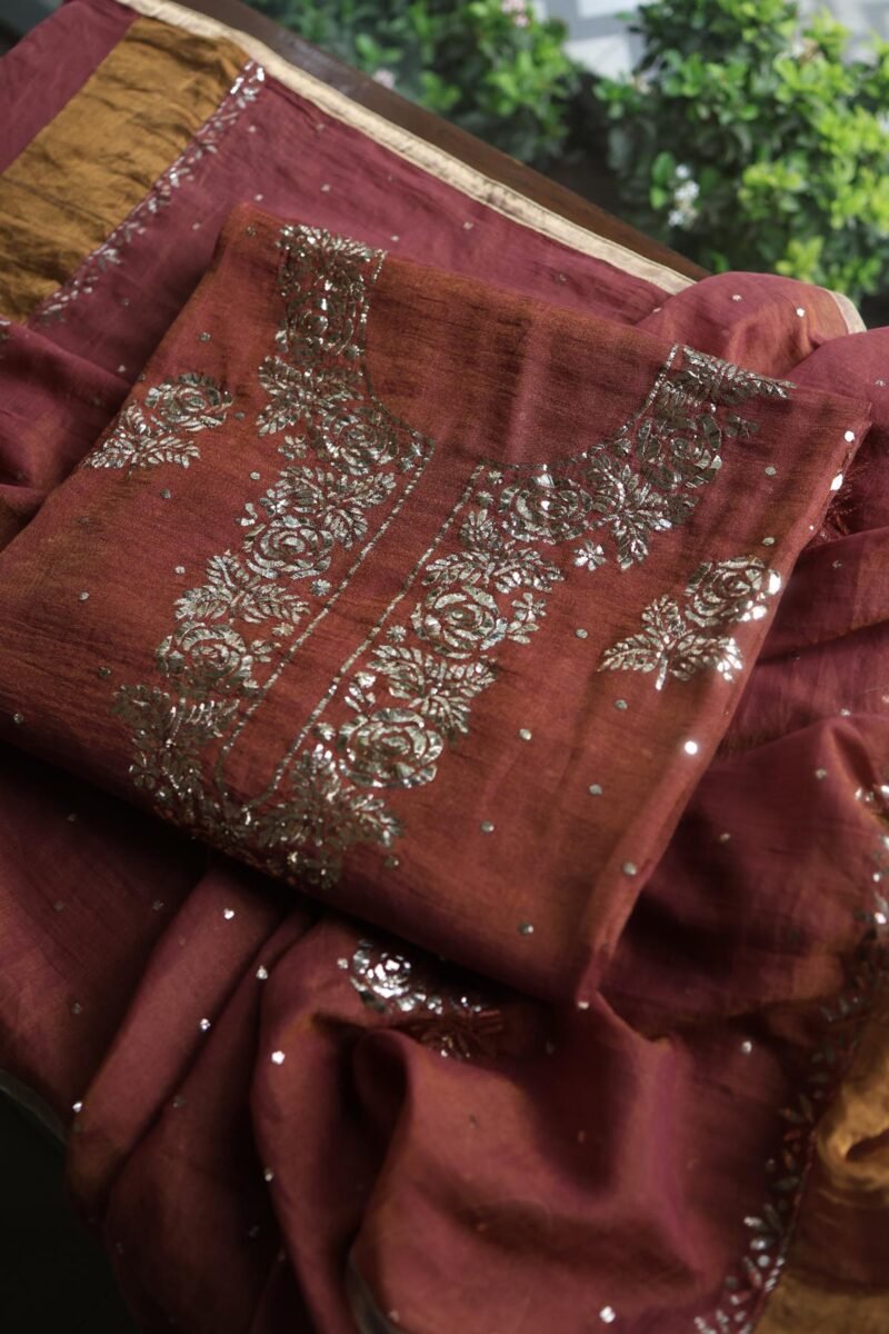 Maroon Roheen Tissue Silk Mukaish Badla Fabric
