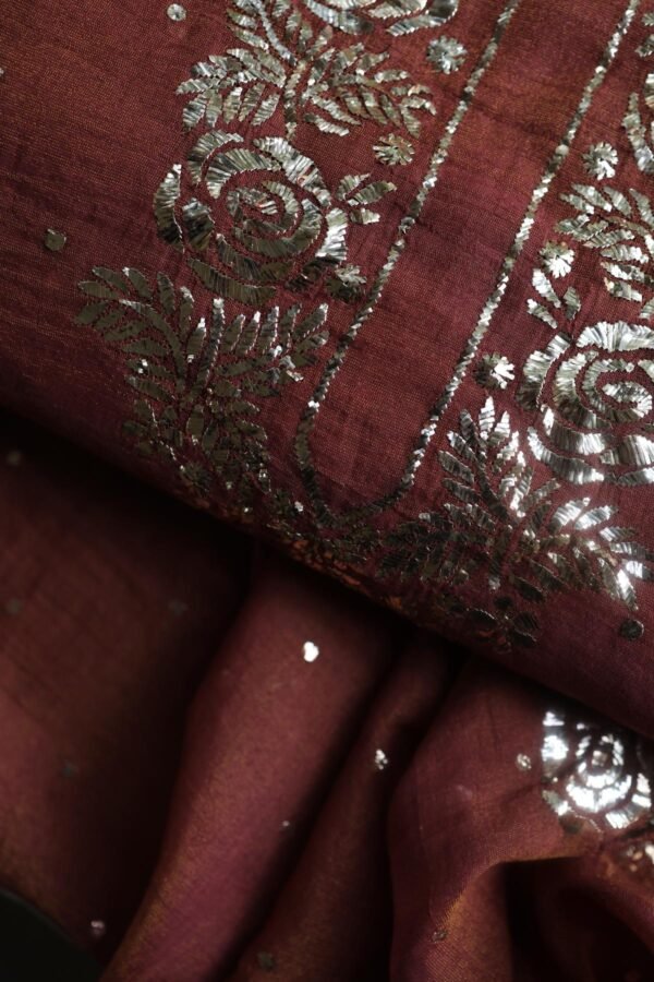 Maroon Roheen Tissue Silk Mukaish Badla Fabric - Image 2