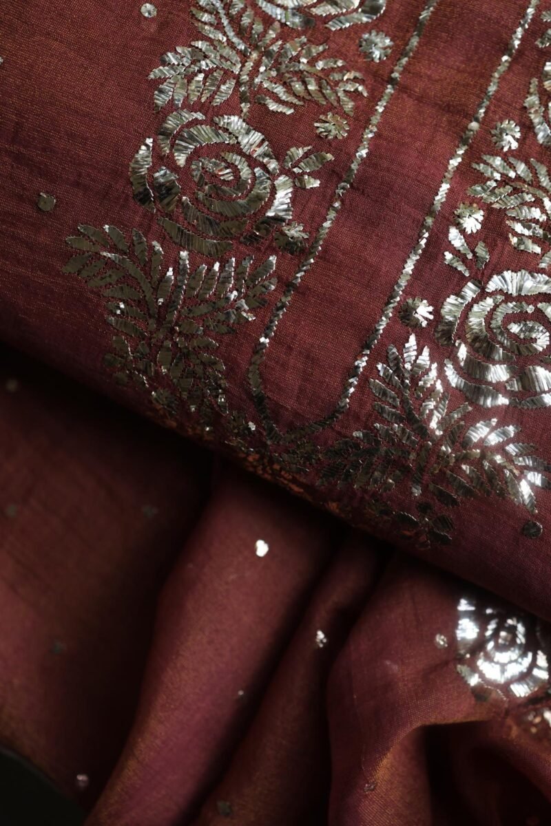 Maroon Roheen Tissue Silk Mukaish Badla Fabric