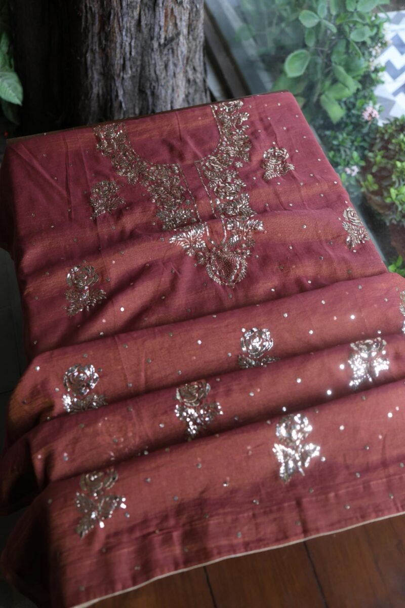 Maroon Roheen Tissue Silk Mukaish Badla Fabric