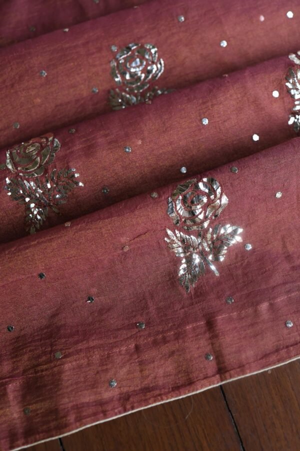 Maroon Roheen Tissue Silk Mukaish Badla Fabric - Image 10