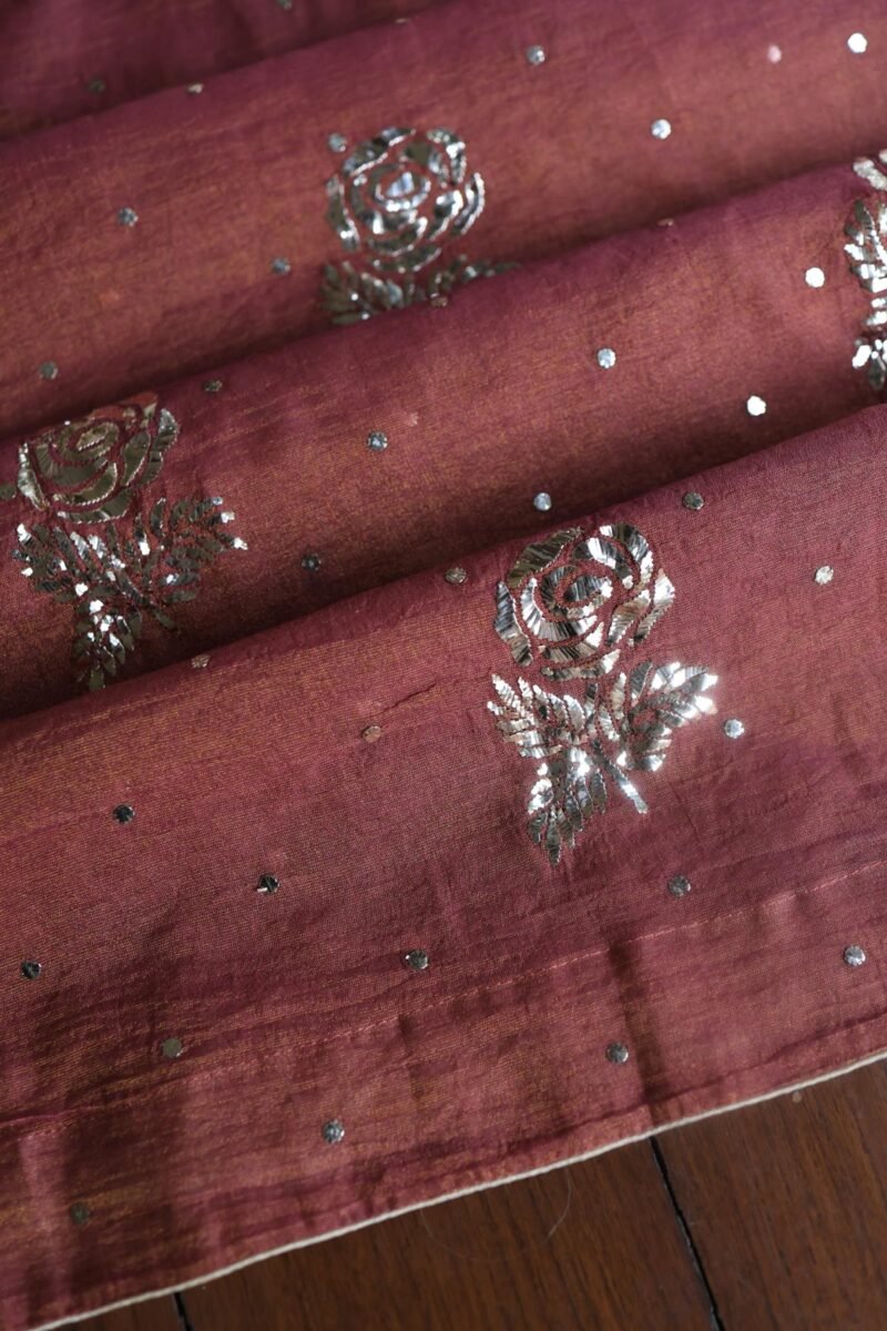 Maroon Roheen Tissue Silk Mukaish Badla Fabric
