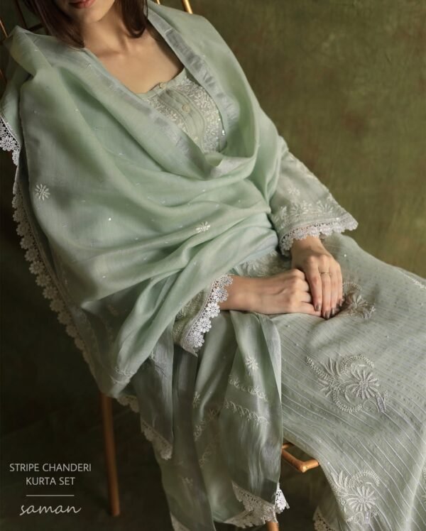 Mint Green Soft Malmal Stripe Pattern Pearl Work Chikankari Kurta Set