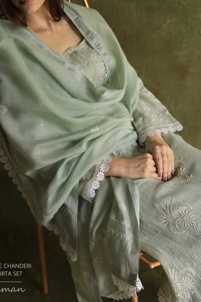 Mint Green Soft Malmal Stripe Pattern Pearl Work Chikankari Kurta Set