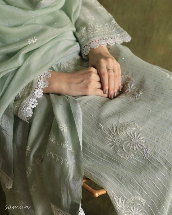 Mint Green Soft Malmal Stripe Pattern Pearl Work Chikankari Kurta Set - Image 3