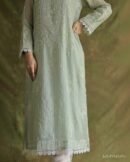 Mint Green Soft Malmal Stripe Pattern Pearl Work Chikankari Kurta Set