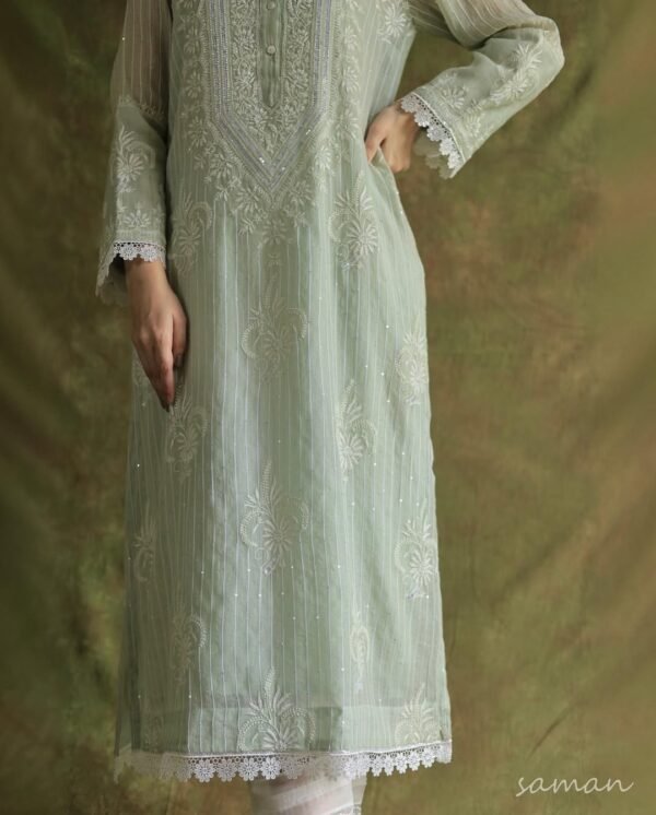 Mint Green Soft Malmal Stripe Pattern Pearl Work Chikankari Kurta Set - Image 4