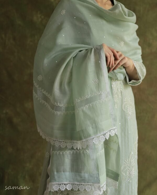 Mint Green Soft Malmal Stripe Pattern Pearl Work Chikankari Kurta Set - Image 2