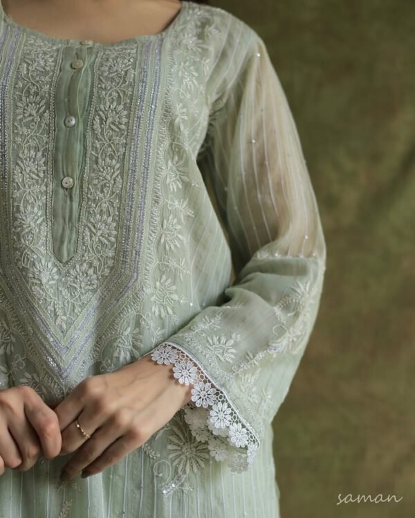 Mint Green Soft Malmal Stripe Pattern Pearl Work Chikankari Kurta Set - Image 5