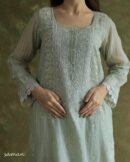 Mint Green Soft Malmal Stripe Pattern Pearl Work Chikankari Kurta Set