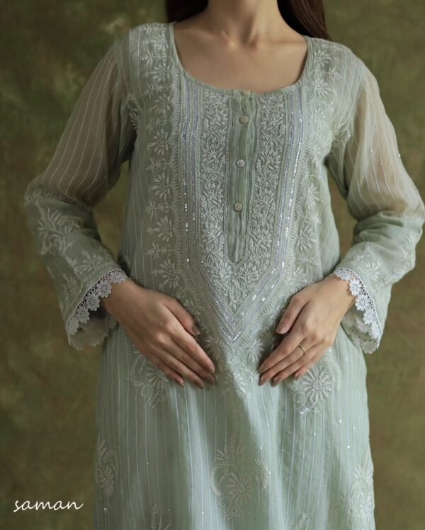 Mint Green Soft Malmal Stripe Pattern Pearl Work Chikankari Kurta Set - Image 6