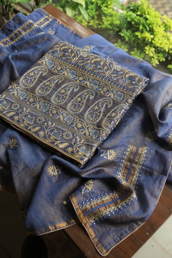 Mist Blue Roheen Tissue Silk Chikankari Fabrics - Image 5