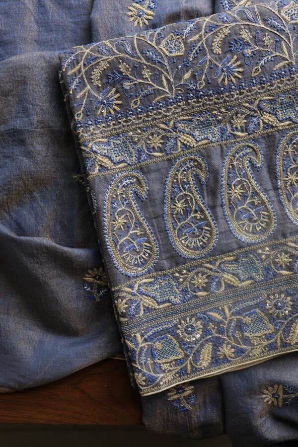 Mist Blue Roheen Tissue Silk Chikankari Fabrics - Image 3