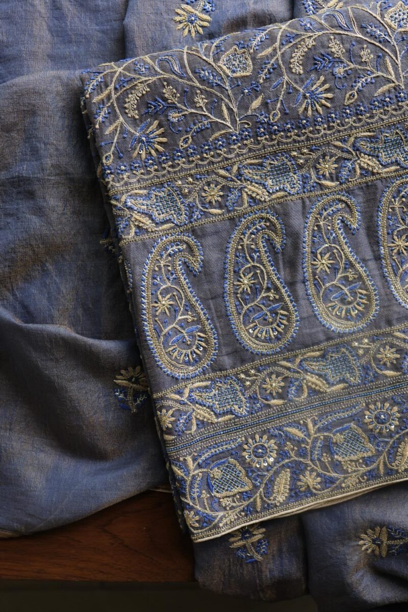 Mist Blue Roheen Tissue Silk Chikankari Fabrics