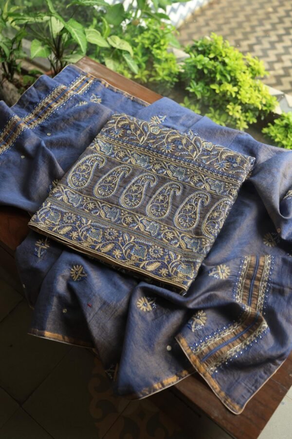 Mist Blue Roheen Tissue Silk Chikankari Fabrics - Image 6