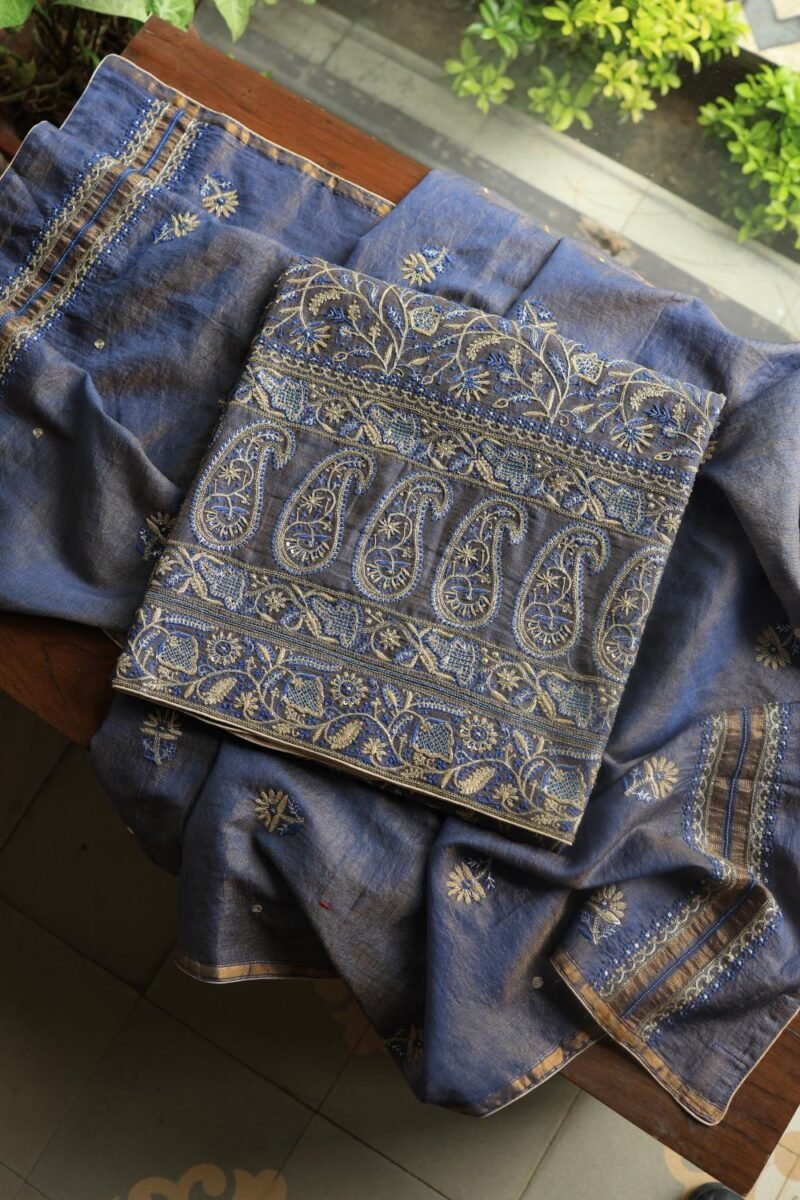 Mist Blue Roheen Tissue Silk Chikankari Fabrics