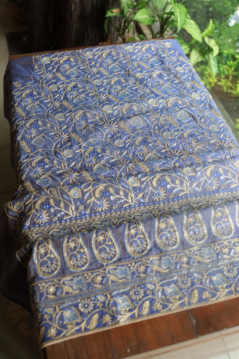 Mist Blue Roheen Tissue Silk Chikankari Fabrics