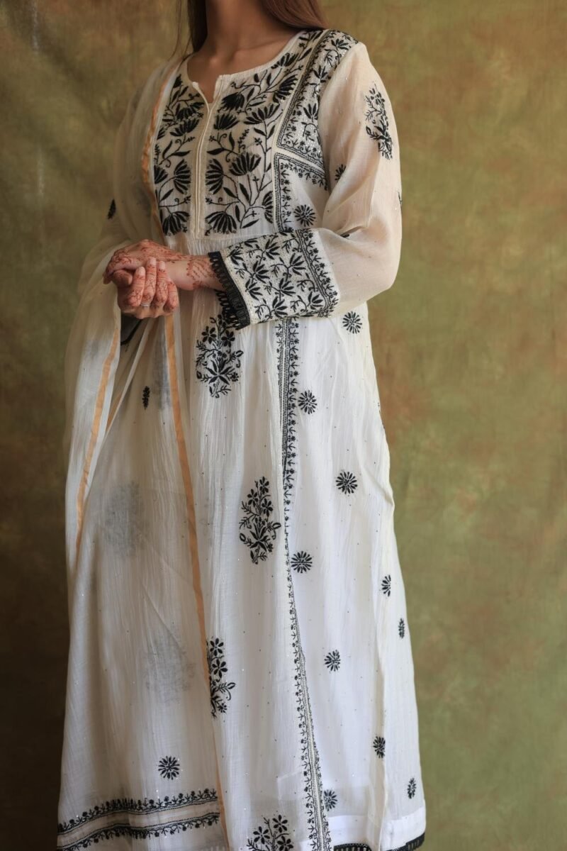 Monochrome Mul Chanderi Mukaish Kamdani Chikankari Stitched Kurta Dupatta Set
