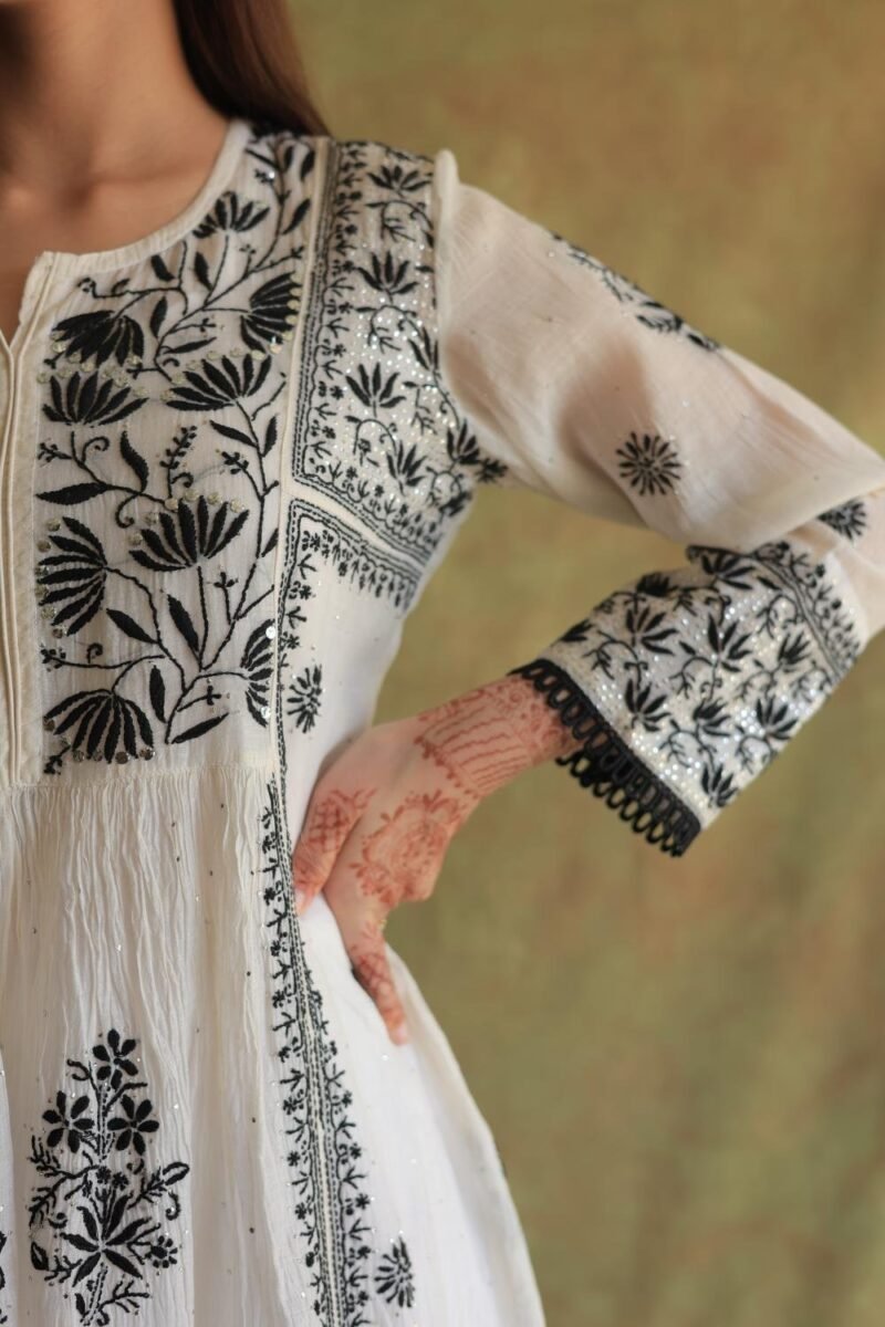 Monochrome Mul Chanderi Mukaish Kamdani Chikankari Stitched Kurta Dupatta Set