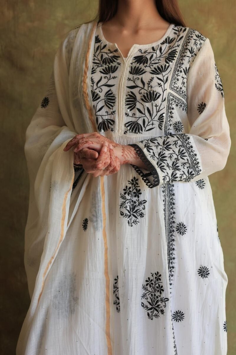 Monochrome Mul Chanderi Mukaish Kamdani Chikankari Stitched Kurta Dupatta Set