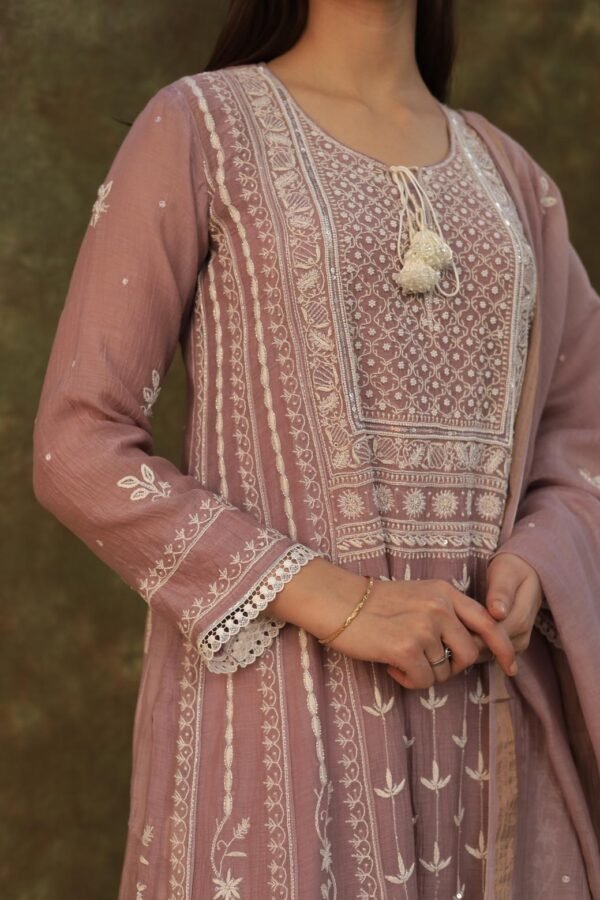 Light Mauve Mulmul Pearl White Chikankari Ready To Wear Kurta Dupatta Set - Image 2