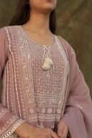 Light Mauve Mulmul Pearl White Chikankari Ready To Wear Kurta Dupatta Set